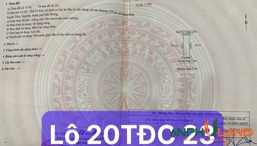 Bán lô 20 TĐC 23 Hoa Động, phường Thuỷ Nguyên, TP Hải Phòng